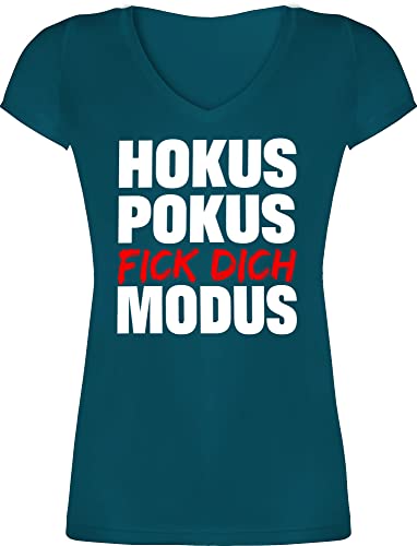 T-Shirt Damen V Ausschnitt - Sprüche Statement mit Spruch - Hokus Pokus Fick Dich Modus Rot/Weiss - L - Türkis - t-Shirts Frauen Tshirt witzige t Shirts sprüchen Tshirts Oberteile Shirt auf. für von Shirtracer