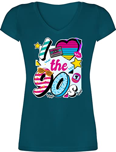 T-Shirt Damen V Ausschnitt - Sprüche Statement - I Love The 90s - M - Türkis - Party 90er Jahre Outfit Nerds 90 Tshirt Oberteile nerdige 90-er t Shirt 90's Statements 90er-Party t-Shirts Frauen von Shirtracer