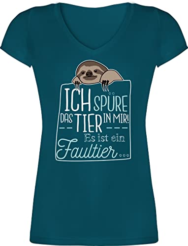 T-Shirt Damen V Ausschnitt - Sprüche Statement - Ich spüre das Tier in Mir es ist EIN Faultier - 3XL - Türkis - faultieren Shirt Frauen faultier, Tshirt sprüchen t-Shirts spür Shirts Tshirts von Shirtracer