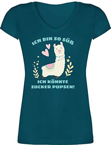 T-Shirt Damen V Ausschnitt - Sprüche Statement mit Spruch - Lama Ich Bin so süß ich könnte Zucker Pupsen - M - Türkis - t-Shirts sprüchen Tshirt Frau t Shirt Shirts Frauen für Coole Tshirts von Shirtracer