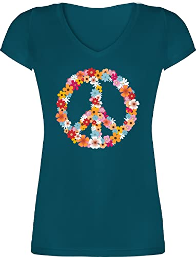 T-Shirt Damen V Ausschnitt - Sprüche Statement - Peace Flower Power - Hippie Peace Zeichen Friedenszeichen 90er 70er - L - Türkis - 90 Tshirt 70iger Jahre t- Shirt Hippi Oberteile 60iger Shirts von Shirtracer