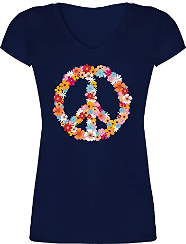 T-Shirt Damen V Ausschnitt - Sprüche Statement - Peace Flower Power - Hippie Peace Zeichen Friedenszeichen 90er 70er - S - Dunkelblau - 90 Jahre Tshirt Plant Shirt Hippi Oberteile 70 er Oberteil von Shirtracer