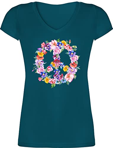 T-Shirt Damen V Ausschnitt - Sprüche Statement - Peace Zeichen mit bunten Blumen - 3XL - Türkis - 70er Jahre Shirts Buntem v-Ausschnitt Flower Hippie Oberteil Hippi Tshirt Frau Peace-Zeichen Shirt von Shirtracer