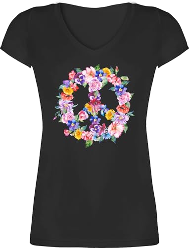 T-Shirt Damen V Ausschnitt - Sprüche Statement - Peace Zeichen mit bunten Blumen - XS - Schwarz - Hippie t Shirt Statement-t-Shirt Statements 70er t-Shirts Oberteil sprüchen 60er Tshirt T-Shirt Damen V Ausschnitt - Sprüche Statement - Peace Zeichen mit bunten Blumen - XS - Schwarz - Hippie t Shirt Statement-t-Shirt Statements 70er t-Shirts Oberteil sprüchen 60er Tshirt von Shirtracer
