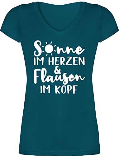 T-Shirt Damen V Ausschnitt - Sprüche Statement mit Spruch - Sonne im Herzen und Flausen im Kopf - 3XL - Türkis - Shirt spruechen t Shirts Tshirt spruche t-Shirts Frauen sprüchen Spruch. Tshirts von Shirtracer