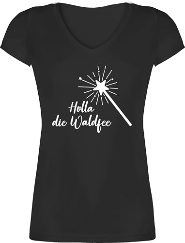 T-Shirt Damen V Ausschnitt - Statement - Holla die Waldfee Kostüm Lustige Sprüche Witziger Spruch Karneval Waldfee Accessoires - M - Schwarz - Tshirt mit ausschnittdamen Statement+Shirt+Damen von Shirtracer