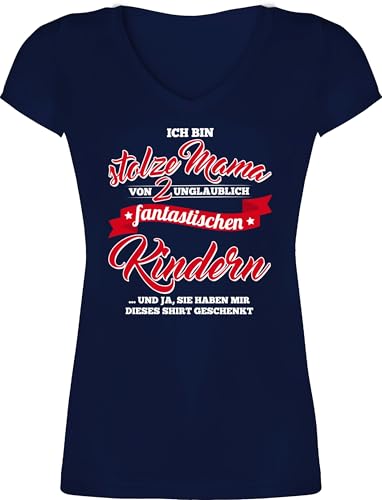 T-Shirt Damen V Ausschnitt - Stolze Mama 2 Fantastische Kinder - M - Dunkelblau - Geschenke für muttertagsgeschenk Mum Kind Tshirt von Kindern Shirt Mutter mütter töchtern tischert Mutter-t-Shirt von Shirtracer