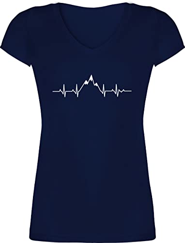 T-Shirt Damen V Ausschnitt - Symbol und Zeichen Outfit - Herzschlag Berge - S - Dunkelblau - t Shirts Tshirt Berg EKG Shirt Kurzarm bergwelt Tshirts für Frauen schneeberg t-Shirts Bergsteiger Frau von Shirtracer