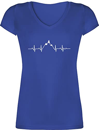 T-Shirt Damen V Ausschnitt - Symbol und Zeichen Outfit - Herzschlag Berge - XS - Blau - wandershirt Berg Tshirt Kurzarm Wander Shirt wandern Hiking Shirts EKG Bergen v-Ausschnitt Wanderer t-Shirts von Shirtracer