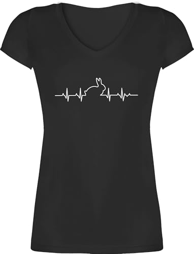 T-Shirt Damen V Ausschnitt - Tiere Meerschweinchen & Co. - Herzschlag Hase - 3XL - Schwarz - Tshirt tiermotiv hasi Shirt Animal Hasen Shirts tiermotive Rabbit Tshirts Tier Ostern von Shirtracer