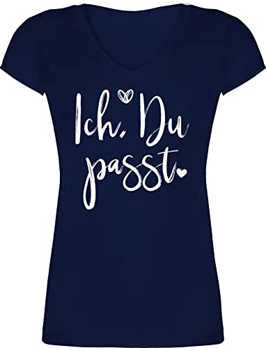 T-Shirt Damen V Ausschnitt - Valentinstag Partner Liebe - Ich Du Passt - M - Dunkelblau - Boyfriend walentinstag für ihn Valentin den valendienstag valendienstagsgeschenk valtinstag von Shirtracer