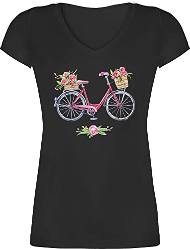 T-Shirt Damen V Ausschnitt - Vintage Retro - Vintage Fahrrad Wasserfarbe Blumen - M - Schwarz - Bike Shirts Geschenkideen für Fahrradfahrer fahrradmotiv Tshirt mit fahrrädern Shirt - XO1525 von Shirtracer