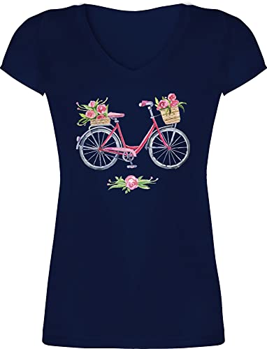 T-Shirt Damen V Ausschnitt - Retro - Vintage Fahrrad Wasserfarbe Blumen - XS - Dunkelblau - Shirts Tshirt mit fahrrädern Kunst Bike t Shirt Frauen Geschenkideen für Fahrradfahrer fahrradmotiv von Shirtracer