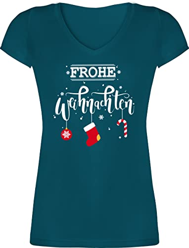 T-Shirt Damen V Ausschnitt - Geschenke Christmas Bekleidung - Frohe Weihnachten - S - Türkis - weihnachtsshirts weihnachtsshirt weihnachtlicher Frauen Tshirt Festliche t-Shirts weihnachtstshirts von Shirtracer