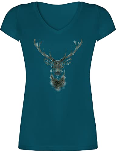 T-Shirt Damen V Ausschnitt - Weihnachten Geschenke Christmas Bekleidung - Hirsch Pixel - XS - Türkis - t Shirts Frauen Outfit weinacht Tshirt Frau Weihnachtsfeier weihnachs v-Ausschnitt Shirt von Shirtracer