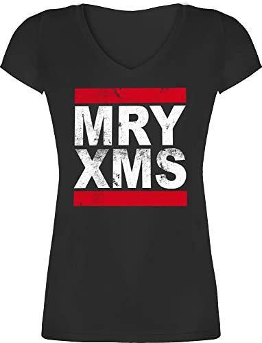 T-Shirt Damen V Ausschnitt - Weihnachten Geschenke Christmas Bekleidung - MRY XMS - XXL - Schwarz - Outfit Geschenk Merry für Eltern zu Neck t Shirt die Weihnachts Mode Frohe Oberteil Herren von Shirtracer