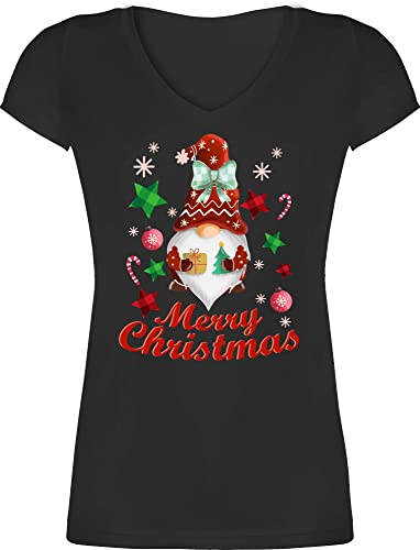 T-Shirt Damen V Ausschnitt - Weihnachten Geschenke Christmas Bekleidung - Weihnachtlicher Wichtel - XXL - Schwarz - Weihnachts Outfit Tshirt Shirt Merry x Mas t Weihnachtsfeier von Shirtracer