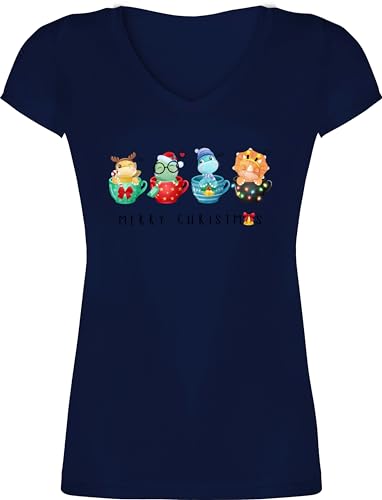 T-Shirt Damen V Ausschnitt - Weihnachten Geschenke Christmas Bekleidung - Weihnachts-Dinos - M - Dunkelblau - weihnachtsoutfit weihnachtsmotiv Dino Tshirt weihnachtsshirts weihnacht Shirt von Shirtracer