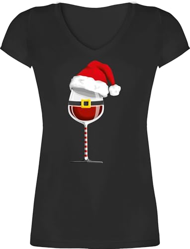 T-Shirt Damen V Ausschnitt - Weihnachten Geschenke Christmas Bekleidung - Weinachtsglas - XS - Schwarz - weihnachtsoutfit weihnachtsmotiv Pailletten Shirt weihnachtsshirts weihnacht Tshirt von Shirtracer
