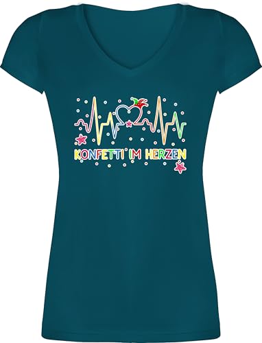 T-Shirt Damen V Ausschnitt - & Fasching - Konfetti im Herzen Herzschlag I Köln Karneval - M - Türkis - Shirt faschingsshirt Faschings Regenbogenfarben Shirts Tshirt karnevalsshirts Karnevals von Shirtracer