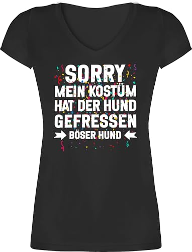 T-Shirt Damen V Ausschnitt - & - Sorry Mein Kostüm hat der Hund gefressen Konfetti I Karneval Kostüm Fasching Ersatzkostüm Fasnacht I Fastnacht - XL - Schwarz - faschingsshirt Faschings Tshirt von Shirtracer