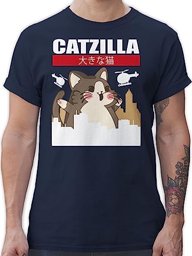 T-Shirt Herren - Anime Geschenke - Catzilla - Big Cat - 5XL - Navy Blau - Tshirt mit japanischer Schrift Geschenk+Anime Katze Shirt Animi Shirts anemie Tshirts Katzen t-Shirts katzenmotiv von Shirtracer