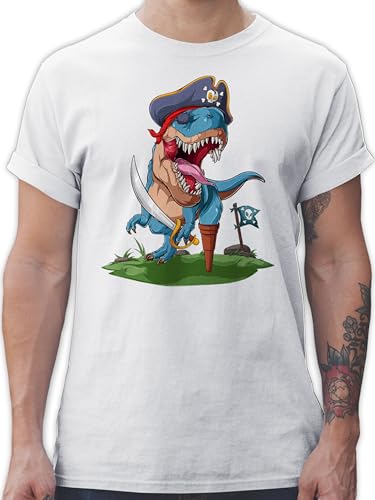 T-Shirt Herren - Dinosaurier - T-Rex Dino Pirat Dinosaurier-Piratenabenteuer mit TRex Piraten-TRex - L - Weiß - Shirt saurier t rex Tshirt Motiv Shirts Erwachsene von Shirtracer