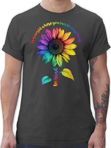 T-Shirt Herren - Kleidung Flag - In a World Where You can be Anything be Kind Sonnenblume Pride Outfit Regenbogen Accessoires LGBTQ Outfit CSD Accessoires Christoper Street Day I - 3XL - Dunkelgrau von Shirtracer