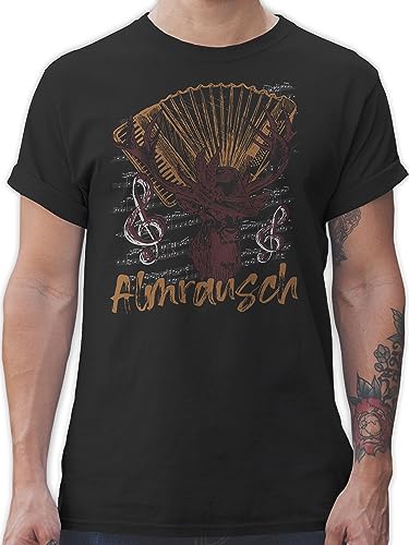 T-Shirt Herren - Kompatibel mit Oktoberfest - Almrausch Hirsch Tradition Alpen Almerer - XL - Schwarz - Shirt tailliertes Trachten Tshirt Volksfest t-Shirts Tracht Oberteil Oktober fest Kurzarm von Shirtracer