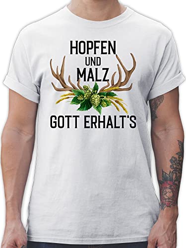 T-Shirt Herren - Kompatibel Oktoberfest - Hopfen und Malz Gott erhalt's - mit Geweih & Weizen - L - Weiß - Trachten Oberteil Shirt trachtent-Shirt trachtenoberteile witzig bayrischer Abend Outfit von Shirtracer