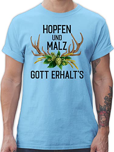 T-Shirt Herren - Kompatibel Oktoberfest - Hopfen und Malz Gott erhalt's - mit Geweih & Weizen - XL - Hellblau - trachtenshirt Trachtenmode t Shirt Trachten Shirts trachtentop Bavarian Tshirt Mann von Shirtracer