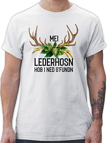 T-Shirt Herren - Kompatibel mit Oktoberfest - MEI Lederhosn hob i ned g'fundn - Hirschgeweih Weizen und Hopfen - L - Weiß - bayrische Trachten Tshirts Shirt trachtent-Shirt Tshirt von Shirtracer