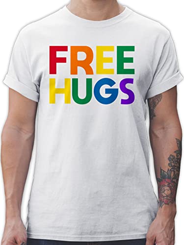 T-Shirt Herren - LGBTQ Kleidung Pride Flag - Free Hugs - Lettering Schriftzug - XL - Weiß - Gay Hug t- Shirt Lesbian Shirts CSD Tshirt lgbtqia t lqbtq LGBT Regenbogen von Shirtracer