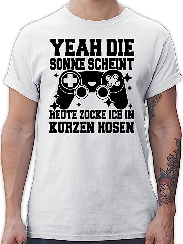 T-Shirt Herren - Nerd Geschenke - Yeah die Sonne scheint! Heute zocke ich in kurzen Hosen - schwarz - 5XL - Weiß - geekshirt zocker Gamer Tshirt nerdige Shirts zocken Gaming Shirt Gaming-Shirt Geek von Shirtracer