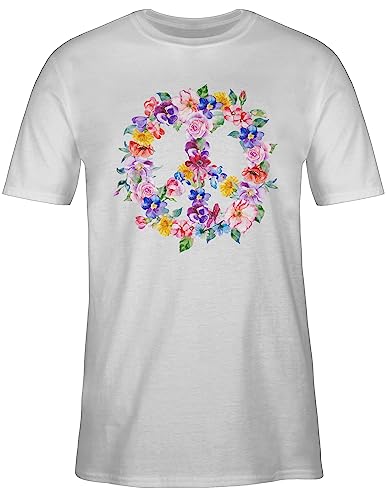 T-Shirt Herren - Sprüche Statement - Peace Zeichen mit bunten Blumen - S - Weiß - Hippie t Shirts Oberteil 70er Jahre männer Tshirt Flowerpower Tshirts Frieden t-Shirts Flower Power t-Shirt, von Shirtracer