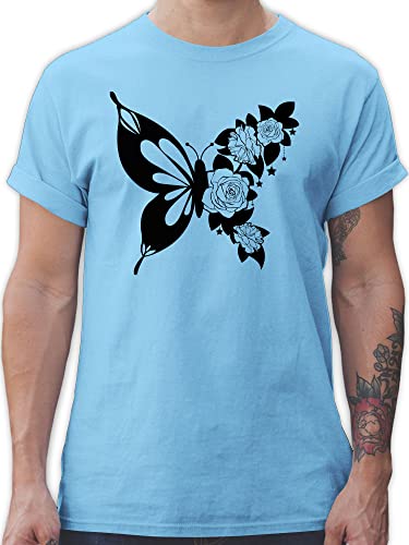 T-Shirt Herren - Tiere Meerschweinchen Hase & Co. - Schmetterling mit Blumen - schwarz - XXL - Hellblau - Tier Tshirt Shirt tiermotive Schmetterlingen Sommer Animal Schmetterlinge tiermotiv Blume von Shirtracer