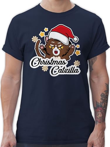 T-Shirt Herren - Weihnachten Geschenke Bekleidung - Christmas Catzilla - XL - Navy Blau - weihnachtsshirt weihnachtsmotiv Tshirt weihnachtsshirts weihnacht Shirt Weihnachts-Shirt Weihnachts von Shirtracer