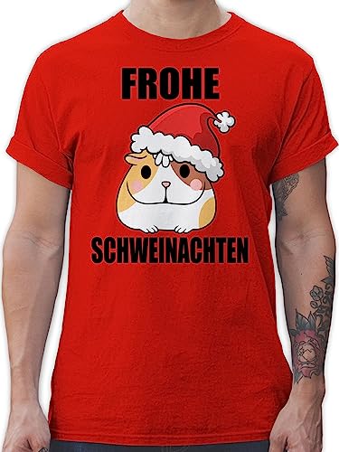 T-Shirt Herren - Weihnachten Geschenke Christmas Bekleidung - Frohe Schweinachten mit Meerschweinchen - XL - Rot - weihnachtsshirt weihnachtsmotiv Schwein Tshirt weihnachtsshirts weihnacht von Shirtracer
