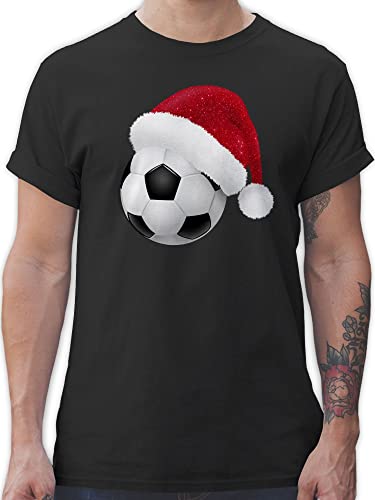 T-Shirt Herren - Weihnachten Geschenke Christmas Bekleidung - Fußball mit Weihnachtsmütze Glitzeroptik - L - Schwarz - weihnachtsshirt weihnachtsmotiv Tshirt weihnachtsshirts weihnacht Shirt von Shirtracer