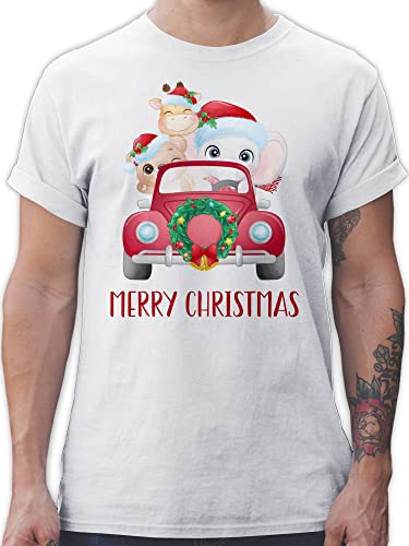 T-Shirt Herren - Weihnachten Geschenke Bekleidung - Merry Christmas - Süße Tiere im Auto - 5XL - Weiß - Shirt männer weihnachtsbekleidung Weinachten Geschenk Tshirt Weihnachts-t-Shirt von Shirtracer