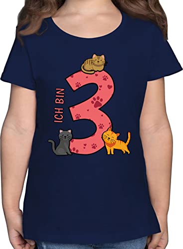 T-Shirt Mädchen - 3. Geburtstag - Ich Bin DREI Jahre - 104 (3/4 Jahre) - Dunkelblau - 3 Shirt geburtstagsshirt 3.Geburtstag Katzen Tshirt dritter Geburtstags Three Katze t-Shirts Zahlen Waldtiere von Shirtracer