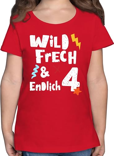 T-Shirt Mädchen - 4. Geburtstag - Wild frech und endlich 4 - Vier Jahre Wunderbar - 116 (5/6 Jahre) - Rot - Shirt Years Tshirt Geb geburtstagst-Shirt Birthday Kindergeburtstag zum Outfit 4ter von Shirtracer