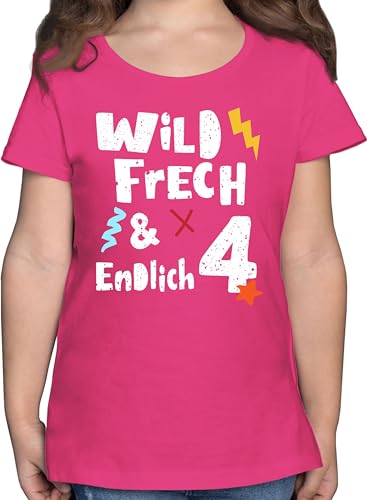 T-Shirt Mädchen - 4. Geburtstag - Wild frech und endlich 4 - Vier Jahre Wunderbar - 128 (7/8 Jahre) - Fuchsia - geburtstagsshirt 4.Geburtstag Tshirt geburtstagsoutfit 4th Birthday Shirt von Shirtracer