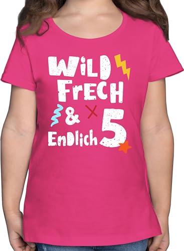 T-Shirt Mädchen - 5. Geburtstag - Wild frech und endlich 5 - Fünf Jahre Wunderbar - 128 (7/8 Jahre) - Fuchsia - Geburtstags t Shirt Tshirt 5.Geburtstag 5, Shirts ich Bin geburtstagsshirt Five von Shirtracer