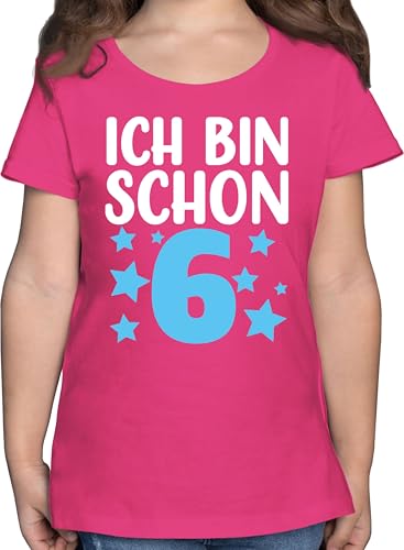 T-Shirt Mädchen - 6. Geburtstag - Ich Bin Schon sechs mit Sternen weiß/rosa - 128 (7/8 Jahre) - Fuchsia - 6 geburtstagsshirt 6.Geburtstag Tshirt Jahre sechster Shirt Geburtstags 6.Geburstag von Shirtracer