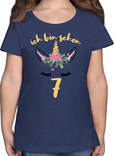 T-Shirt Mädchen - 7. Geburtstag - Einhorn - Ich Bin Schon Sieben - 128 (7/8 Jahre) - Dunkelblau Meliert - Geburtstagskind Shirt 7 7.Geburtstag jetzt Jahre Tshirt Geburtstags Happy Birthday siebter von Shirtracer