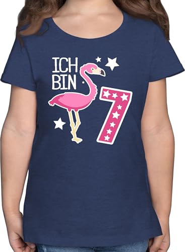 T-Shirt Mädchen - 7. Geburtstag - Ich Bin Sieben Flamingo - 140 (9/11 Jahre) - Dunkelblau Meliert - 7 Jahre geburtstagsshirt 7.Geburtstag 7.Geburtstags t-Shirts t Shirt 7.geburtstg Tshirt siebter von Shirtracer