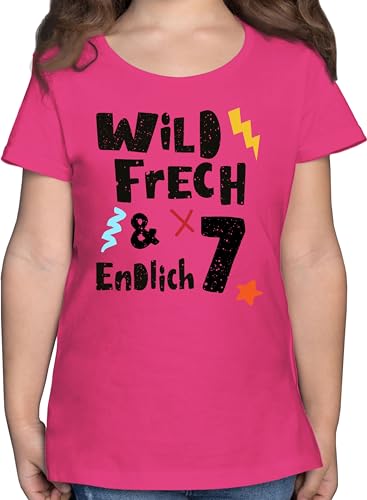 T-Shirt Mädchen - 7. Geburtstag - Wild frech und endlich 7 - Wunderbar Sieben Jahre - 140 (9/11 Jahre) - Fuchsia - superhelden t- Shirt Tshirt Kindergeburtstag geburtstagshirt Kind Geburtstagskind von Shirtracer