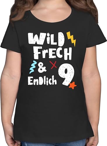 T-Shirt Mädchen - 9. Geburtstag - Wild frech und endlich 9 - Neun Jahre Wunderbar - 164 (14/15 Jahre) - Schwarz - t Shirt zum 9.Geburtstag Tshirt Geburtstags geburtstagsshirt Birthday t- Kind von Shirtracer