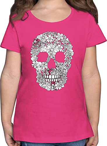 T-Shirt Mädchen - Bunt gemischt Kinder - Totenkopf Blumen Skull Flowers - 128 (7/8 Jahre) - Fuchsia - Totenkopf, t Shirts rockiger Tshirts t-Shirts mädels Tshirt Shirt Kindershirt t_Shirt Kind von Shirtracer